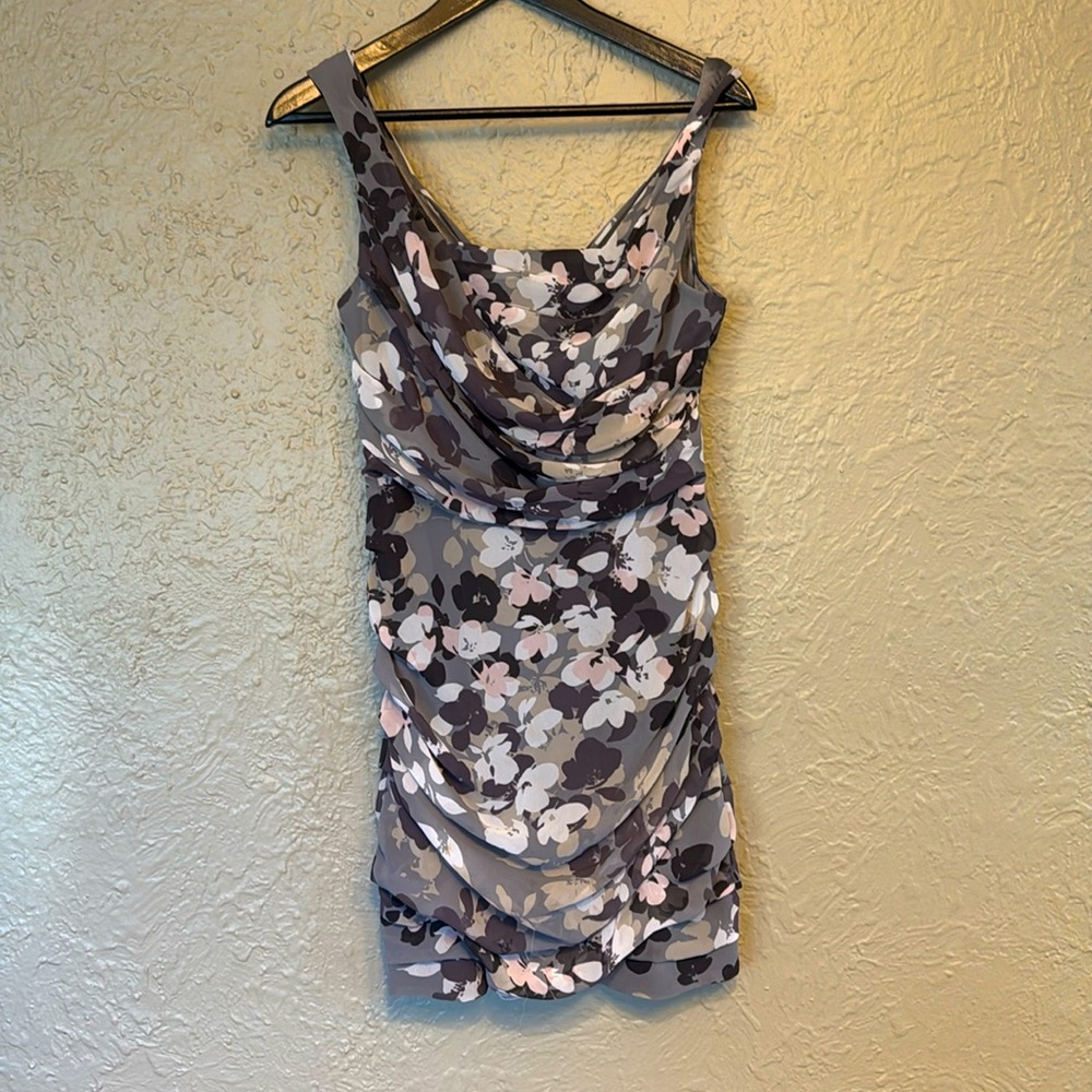Express Sleeveless Floral Print Ruched Draped Mini Dress